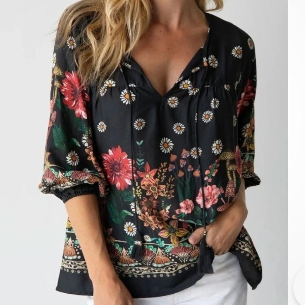 Natural Life Maribel Blouse Women M Black Floral Mushroom Boho Botanical Peasant